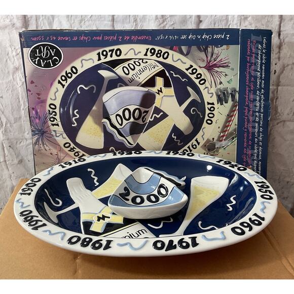 1998 Vintage Ceramic 2000 CHIP & DIP Millennium Party Tray& Bowl, Clay Art NIB - Picture 1 of 10